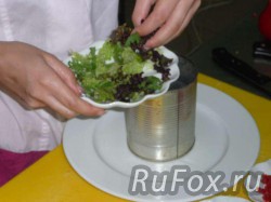 Поставить на тарелку форму, через нее выложить листья салата.